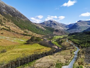 Glen Nevis Valley and River Navis from a drone, Fort William, Lochaber, Highland, Scotland, United