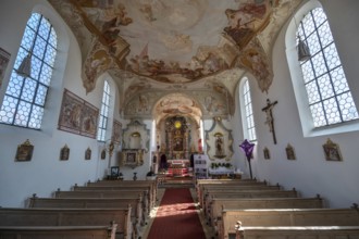 Church interior with ceiling frescoes and altar with Lenten cloth, St Laurentius and Agatha Church,