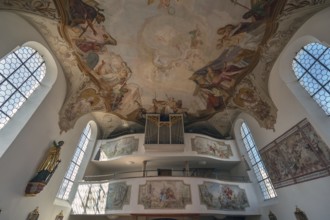 Organ loft and ceiling frescoes of St Laurentius and Agatha Church, Frankenhofen, Kaltental,