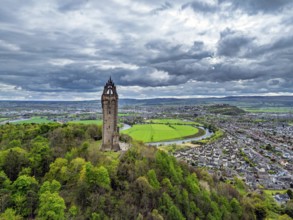 The National Wallace Monument or William Wallance Monument from a drone, Stirling, Scotland,