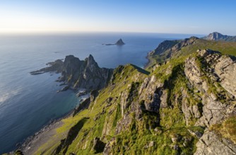View from the summit of Måtind or Måtinden, view of picturesque coastal landscape, rocky coast and