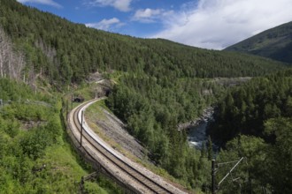 Railway tracks run through a wooded, mountainous landscape next to the river Gudbrandsdalslågen,