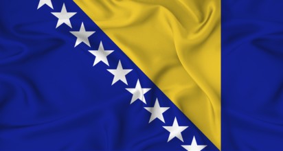 Realistic Bosnia flag waving. Close up of flag of Bosnia with cloth texture