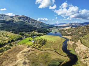 Loch Dochart and River Fillan from a drone, Highlands, Scotland, United Kingdom, Europe