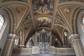 Organ loft of the parish church Mariä Himmelfahrt, Thaur, district Innsbruck, Tyrol, Austria,