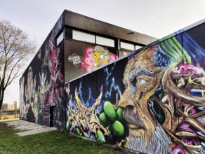 Street art at the triple sports hall in Kevelaer, Lower Rhine, North Rhine-Westphalia, Germany,