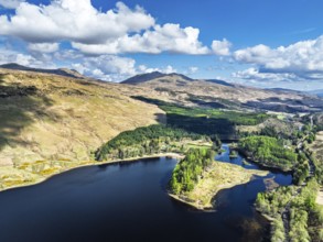 Mountains over Loch Iubhair from a drone, Crianlarich, Highlands, Scotland, United Kingdom, Europe