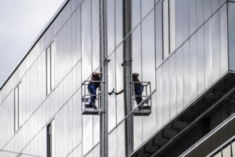 Window cleaner, facade cleaning, window cleaning, on a glass facade in Düsseldorf, ladder cage from