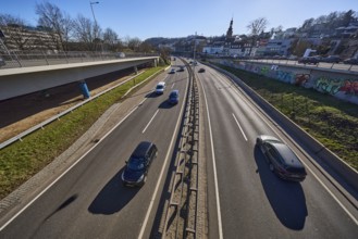 Motorway, vehicles, general development, church tower, lantern, trees, bird's eye view, backlight,