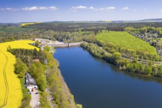 Dam wall and hunting hotel on the lake of the Malter dam, Dippoldiswalde, Erzgebirge, Saxony,