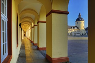 Lower Castle, arcade in the Corps de Logis and view of the Fat Tower with Castle Square, Siegen,