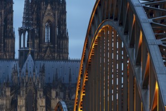 Cologne Cathedral and the Hohenzollern Bridge illuminated with LED lights, Cologne, North