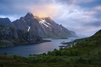 Mountain landscape on the Lofoten Islands. View across the Maervollspollen fjord to mountains in
