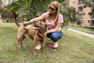 A middle-aged woman wearing sunglasses brushes her dog, enjoying a break in the park