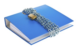 A blue file folder with chain and padlock, studio