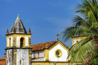 Beautiful baroque church tower amidst the vegetation of the city of Olinda with the sea in the