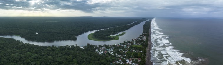 Aerial view, beach and sea, coast with rainforest, Tortuguero National Park, Costa Rica, Central