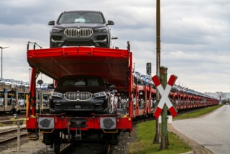 BMW new cars, on freight wagons, in the harbour of Cuxhaven, are shipped from here to Great Britain