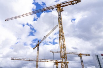 Construction cranes, on a large construction site in Düsseldorf, construction of condominium in the