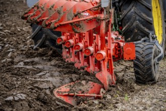Tractor with a plough preparing the soil of a field for planting, Agriculture, Spring