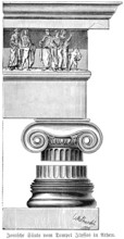 Ionic column, depiction of people, woman, men, ancient Greeks, historical illustration ca. 1890