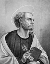 Portrait of St Peter, looking towards heaven, halo, Christian symbol key, New Testament, Bible,