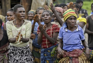 Pygmy woman of the BaAka people dancing and singing, Libongo, Est region, Cameroon, Africa