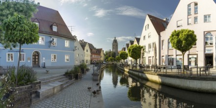 Stadtbach, behind it Our Lady's Church, Memmingen, Allgäu, Bavaria, Germany, Europe
