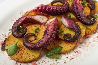 Octopus with potatoes and spices, on a light plate, top view, no people, homemade, close-up