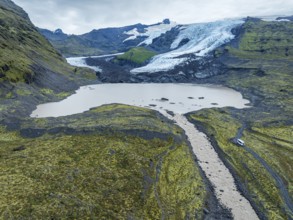 Aerial view of glacier Falljökull, a glacier tongue of Vatnajökull glacier, glacial lake, Iceland,