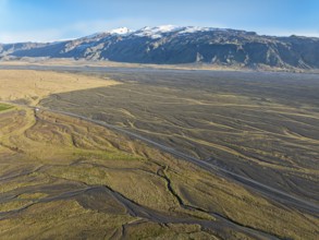 Wide valley of the Markarfljot river, glacier Eyjafjallajökull, Fljotsdalur valley, mountain road