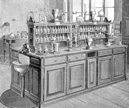 A worktable from the laboratory in Leipzig, Germany, in 1870, historical, digital reproduction of