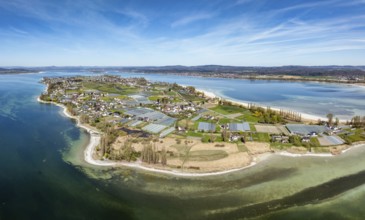 Aerial view, panorama of the island of Reichenau at low tide and spring-like vegetation, Lake