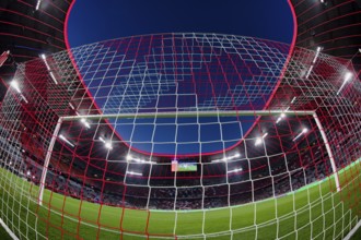Overview, interior, floodlit match, behind-the-goal perspective, goal net, blue hour, fisheye shot,