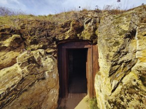 Entrance to the cave dwelling in the Höhlenstrasse am Schäferberg, Langenstein cave dwellings,