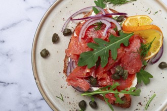 Sandwich with freshly smoked salmon, on black bread, with cottage cheese, with herbs and red