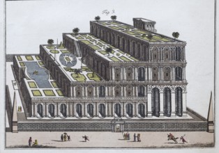 Hanging Gardens of Semiramis of Babylon, the seven wonders of the world, hand-coloured copperplate