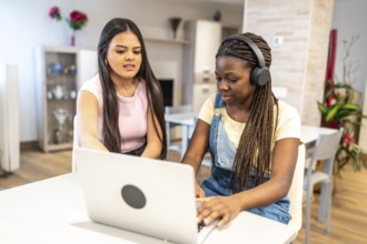 Two teenage girls collaborating on a school project, working together on a laptop at home, sharing