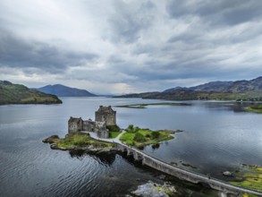 Eilean Donan Castle and Loch Duich from a drone, Isle of Skye, Highlands, Scotland, England, United