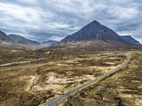 Mountains and Moors over Buachaille Etive Mòr from a drone, The Buachaille, Glen Etive, Highlands,