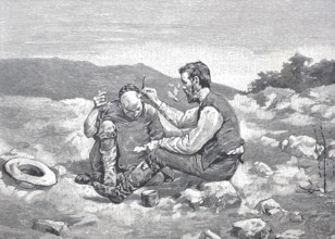 Open-air shaving and barber shop, barber, in California during the gold rush era, 1850, USA,