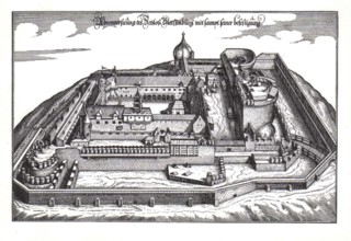 The Plassenburg in Kulmbach in the 16th century, Merian, Upper Franconia, Bavaria, Germany,