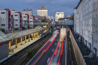 Essen, North Rhine-Westphalia, Germany, motorway A40 in the city centre, exit Essen Zentrum, during