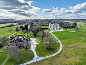 Lulworth Castle from a drone, Lulworth Estate, Camp Bestival, East Lulworth, Dorset, England,