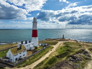 Portland Bill Lighthouse from a drone, Portland Bill, Isle of Portland, Dorset, England, United