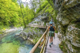Mother and child enjoying a hike through the scenic vintgar gorge near bled, slovenia, walking
