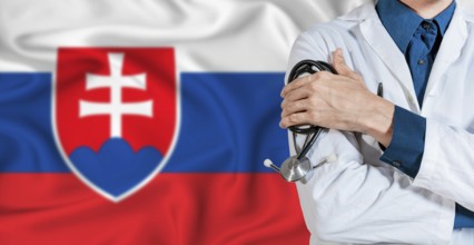 Doctor with stethoscope on Slovakia flag. Doctor holding stethoscope on Slovakia flag