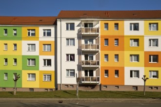 Geometrically and colourfully designed apartment buildings of a housing association, Halberstadt,