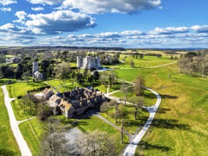 Lulworth Castle from a drone, Lulworth Estate, Camp Bestival, East Lulworth, Dorset, England,