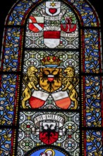 Colourful stained glass windows, Notre-Dame Cathedral, former episcopal church of the diocese of